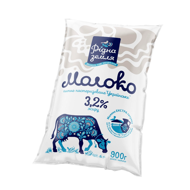 Молоко коров'яче РІДНА ЗЕМЛЯ, пастеризоване, 3,2%, 900г